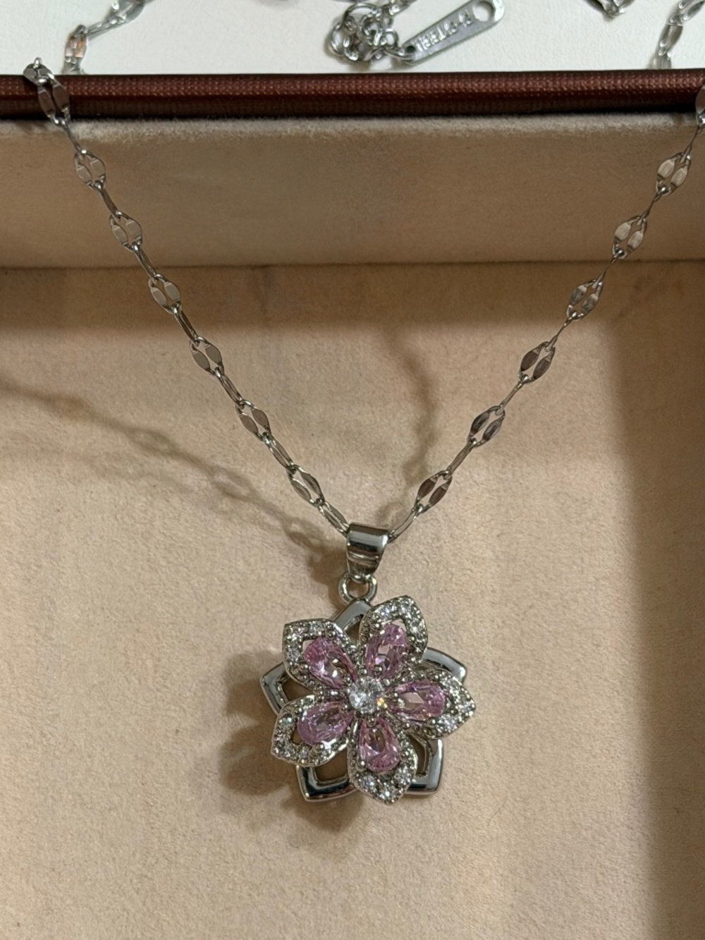 Rotatable Silvery Pink Zirconia Flower Pendant Stainless Steel Stamped Necklace